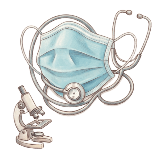 Medical mask, stethoscope and microscope illustration